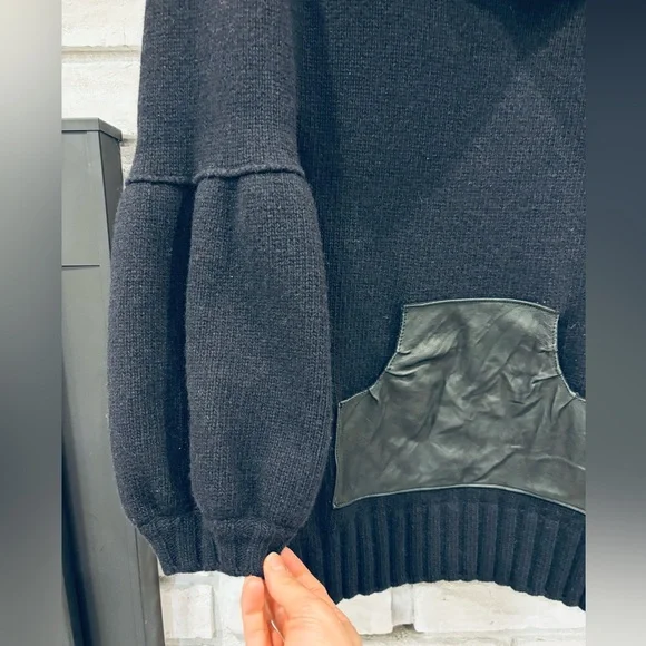 Mackage Wool Cowl Neck Cable Knit Leather Black Sweater Size Medium - Picture 2 of 7